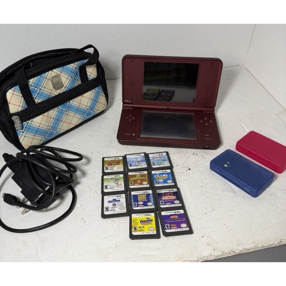 Nintendo DSi XL Wine Red Handheld Console UTL-001 W/11 Games Charger Tested